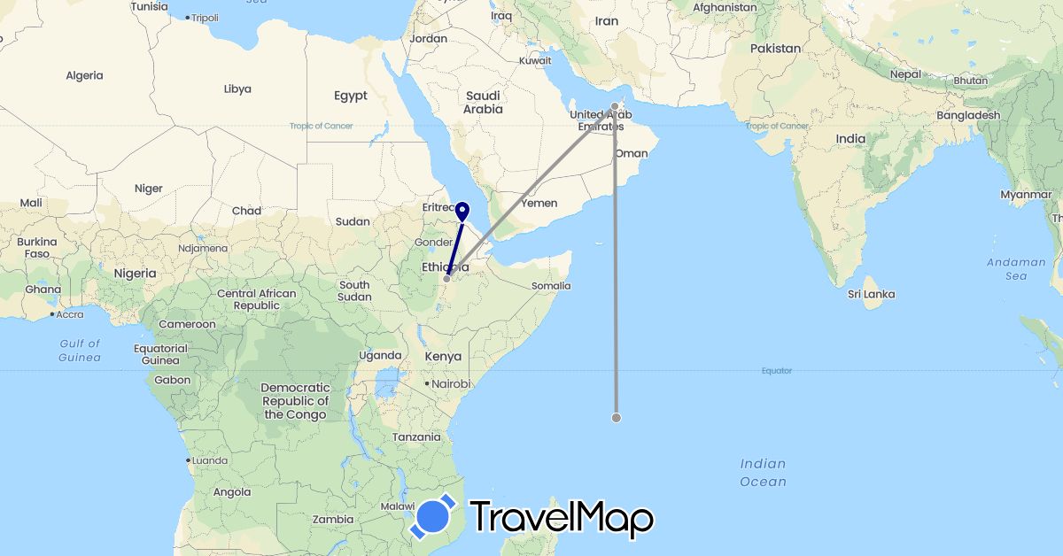 TravelMap itinerary: driving, plane in United Arab Emirates, Ethiopia, Seychelles (Africa, Asia)